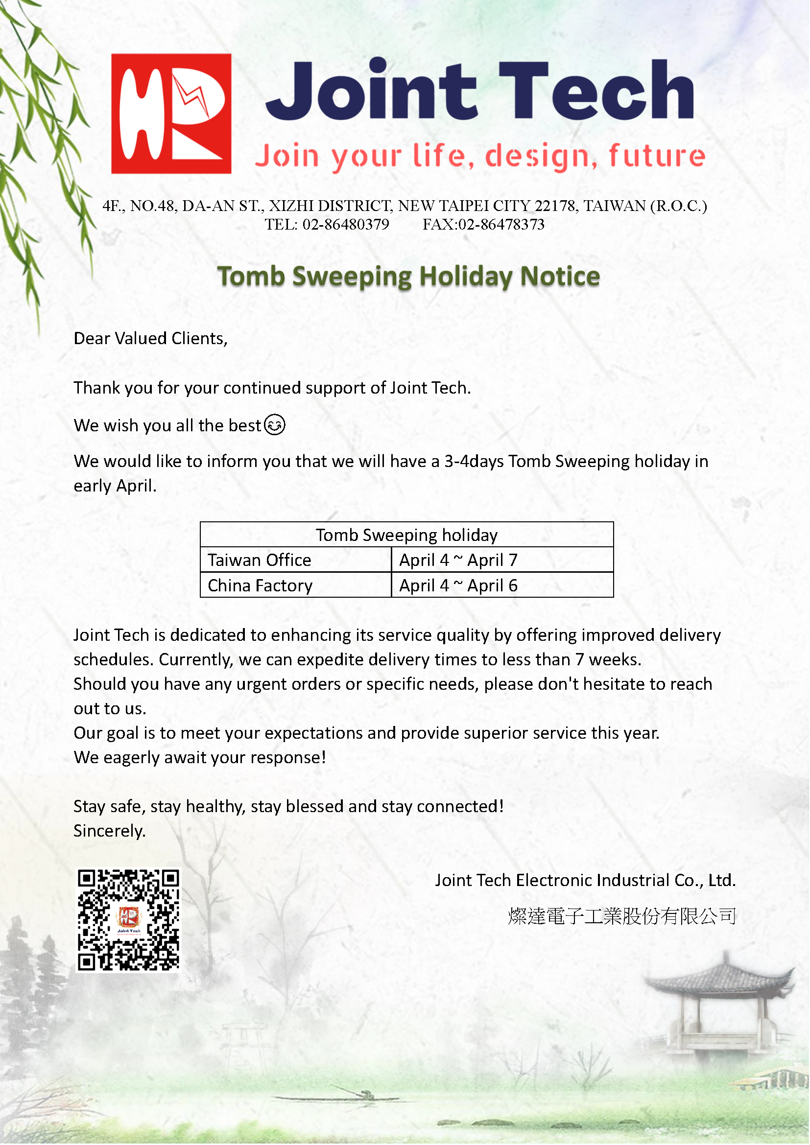 2024 Tomb Sweeping holiday notice